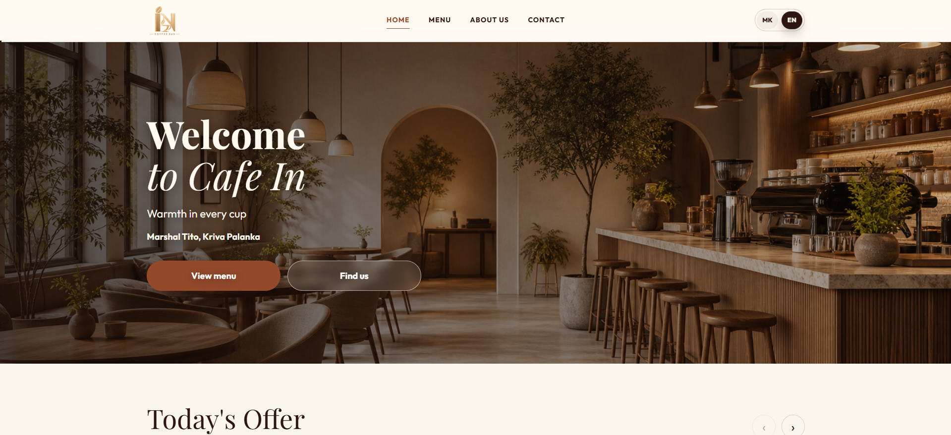 Cafe IN: Cafe IN public landing page presenting the cafe identity and direct paths to the menu and location.