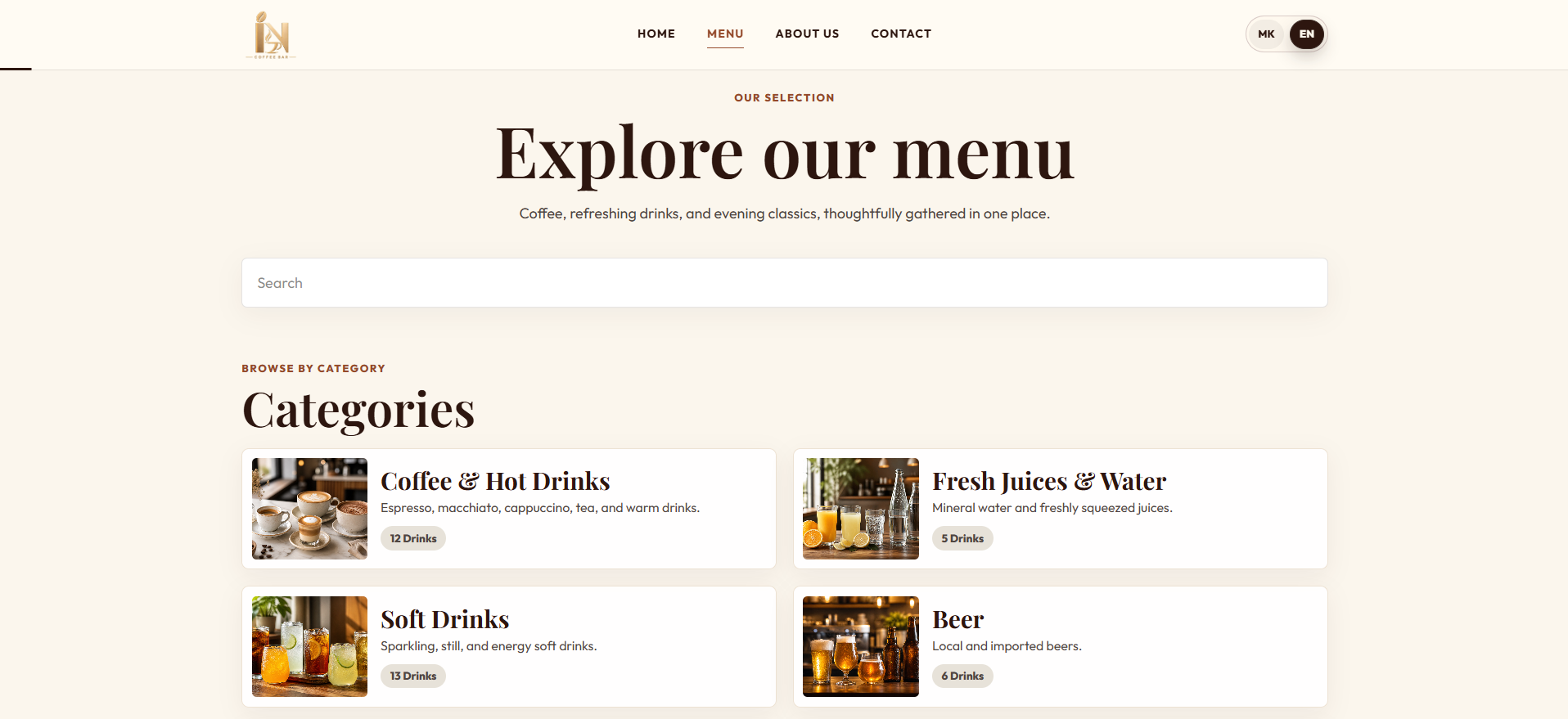 Cafe IN: Bilingual digital menu with search and database-managed drink categories for focused browsing.