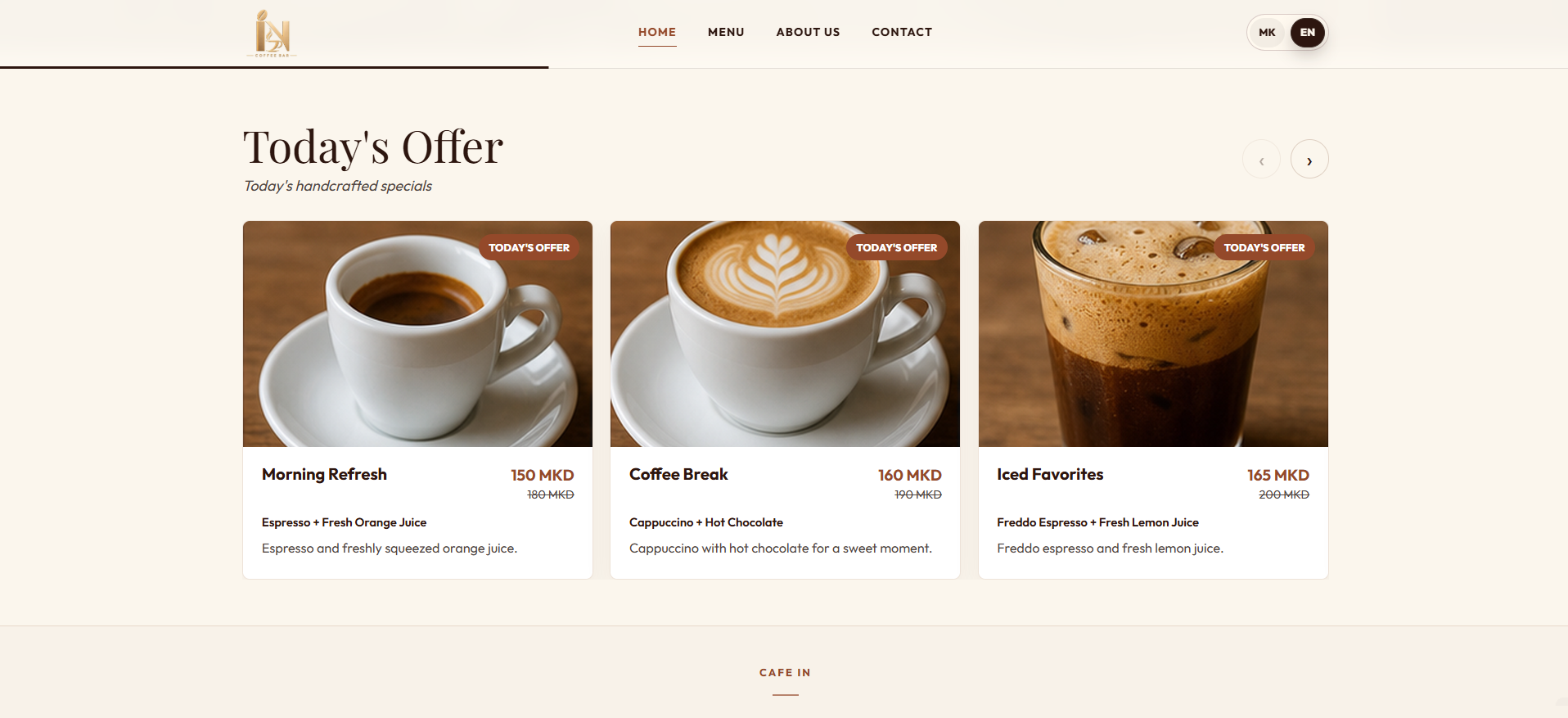 Cafe IN: Daily offers section presenting temporary combinations, included drinks, descriptions, images, and promotional pricing.