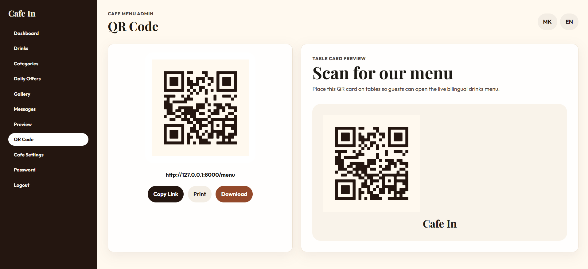 Cafe IN: Administration QR section for previewing, printing, downloading, and sharing the live digital-menu link.