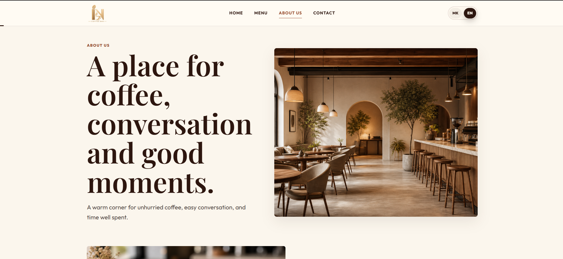 Cafe IN: Bilingual About page connecting Cafe IN branding with its interior, atmosphere, and public story.