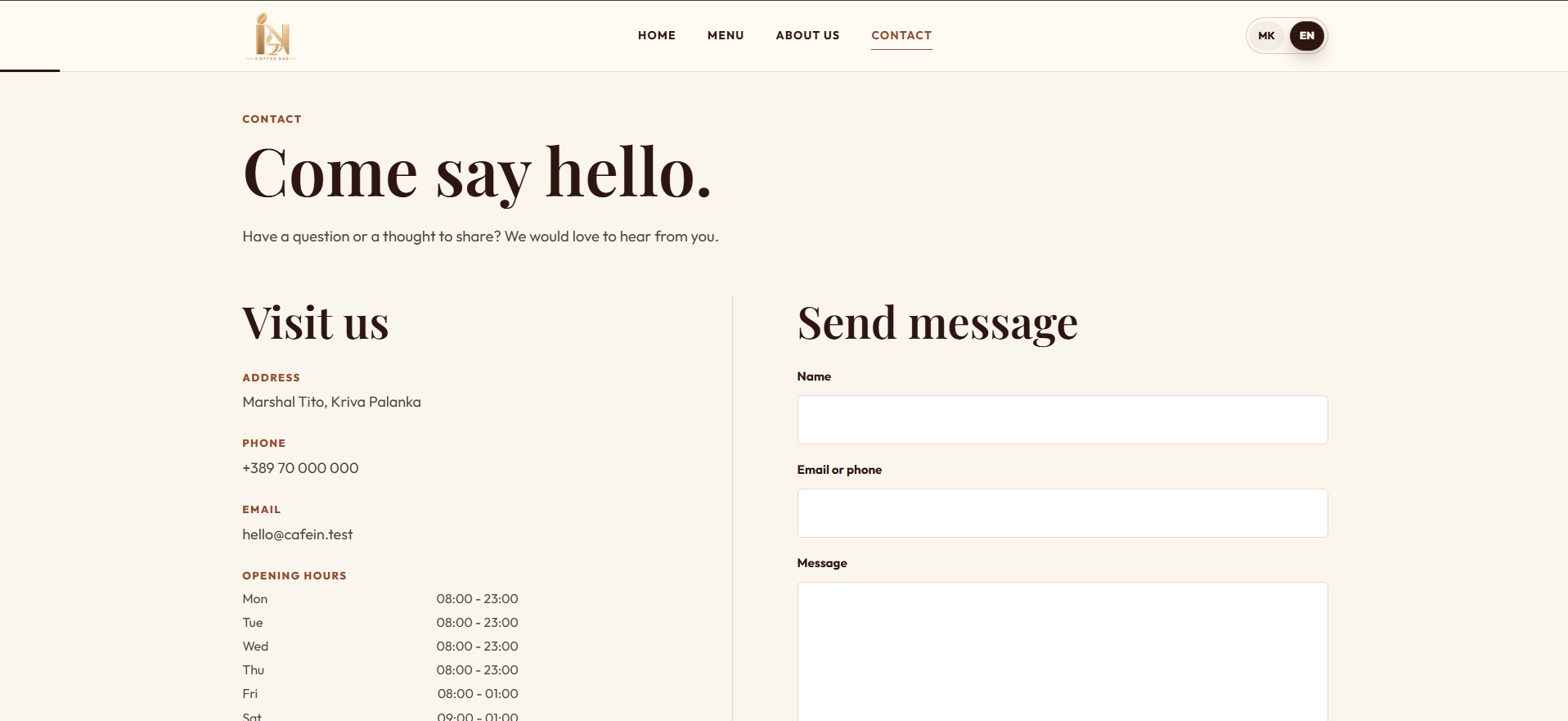 Cafe IN: Contact page with configured cafe details, opening hours, and a message form stored for administration review.