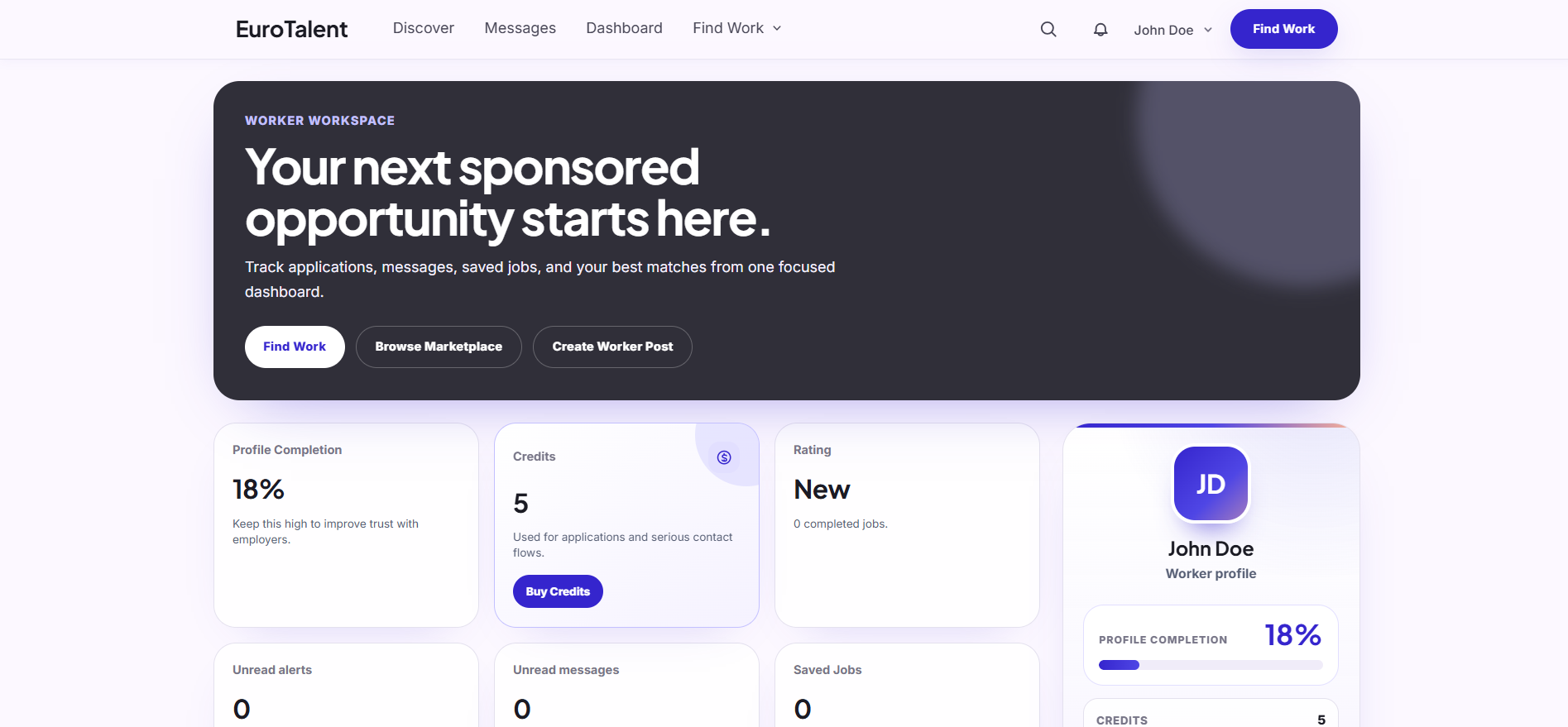 EuroTalent: Worker dashboard with profile progress, applications, and next steps.