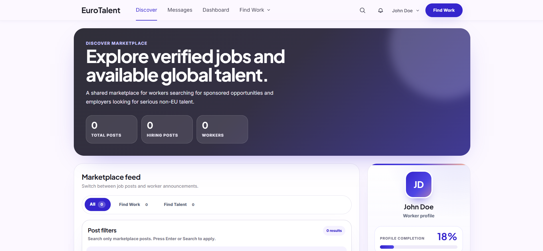 EuroTalent: Marketplace discovery with filters for jobs and worker availability posts.
