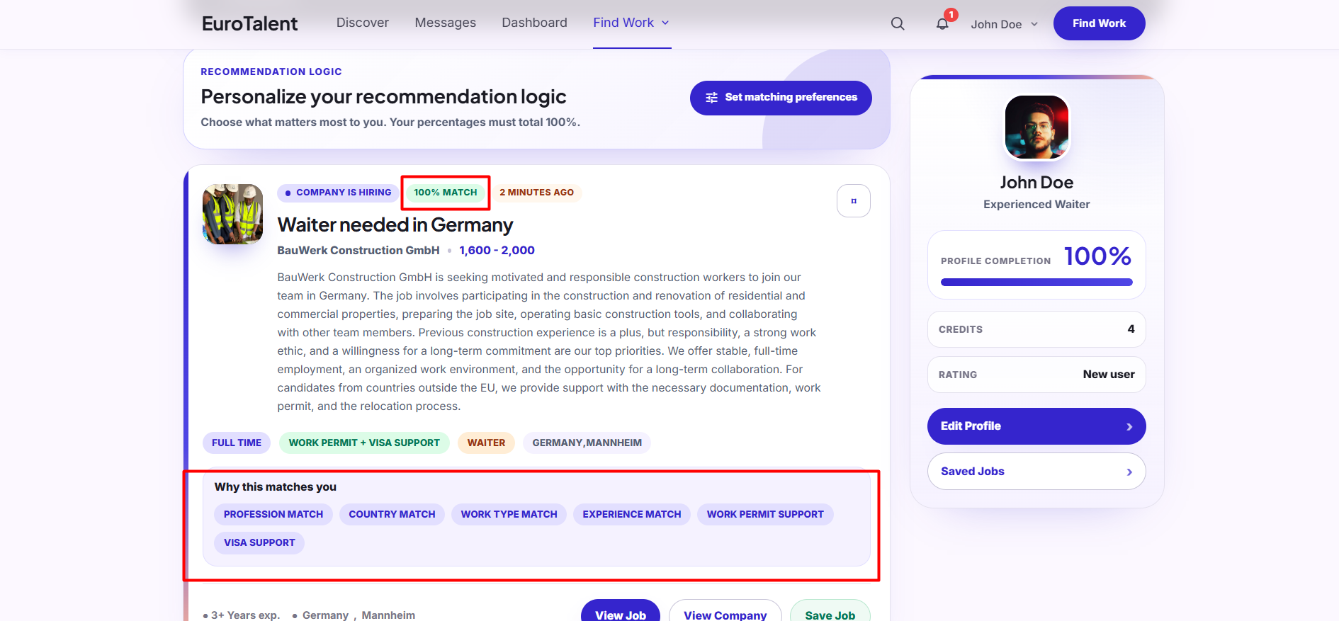 EuroTalent: Recommendations with match percentages and readable reasons for each opportunity.