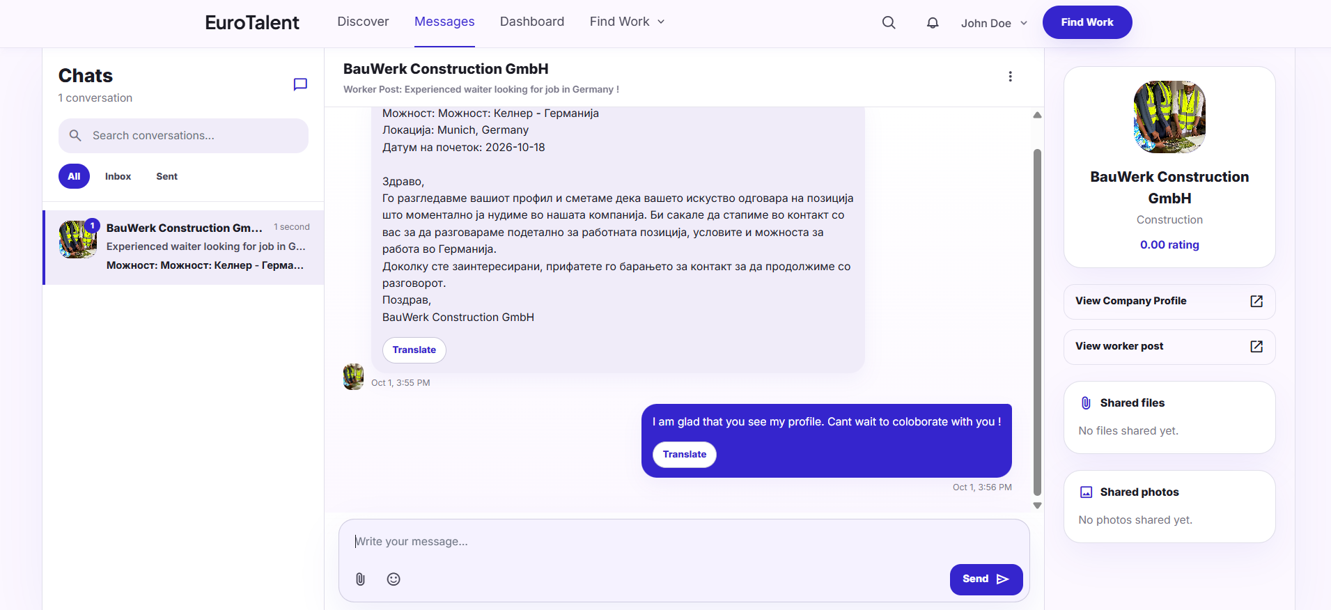 EuroTalent: Messaging with translation controls helps workers and employers communicate across languages.