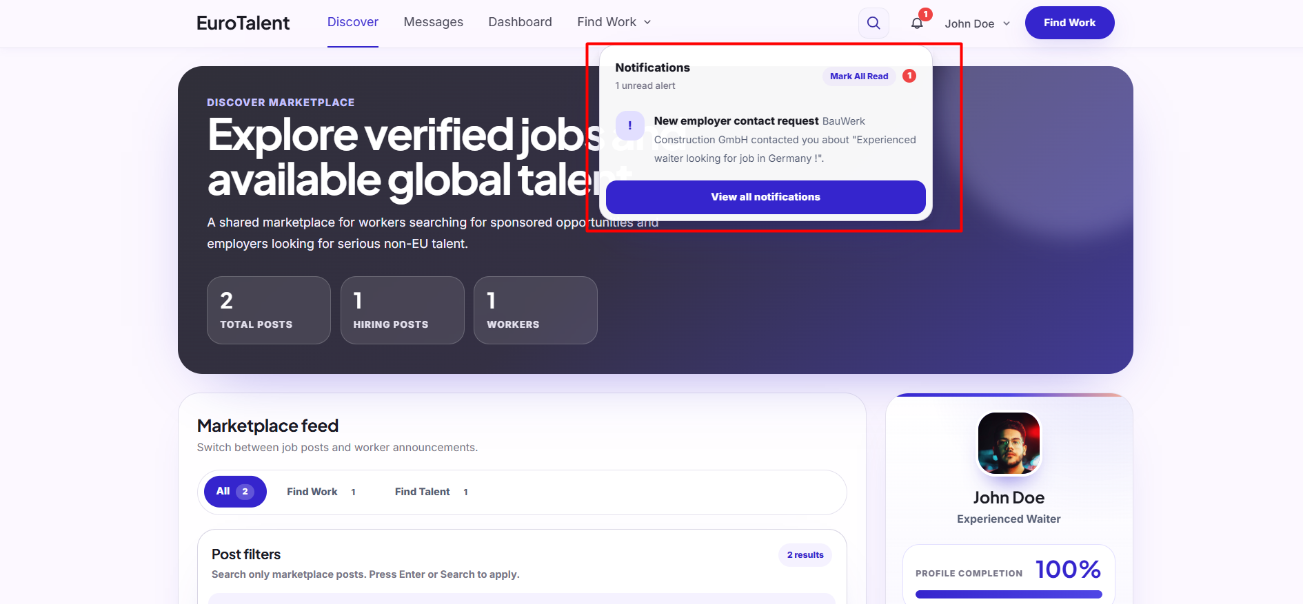 EuroTalent: A new employer contact request appears in the worker notification menu.