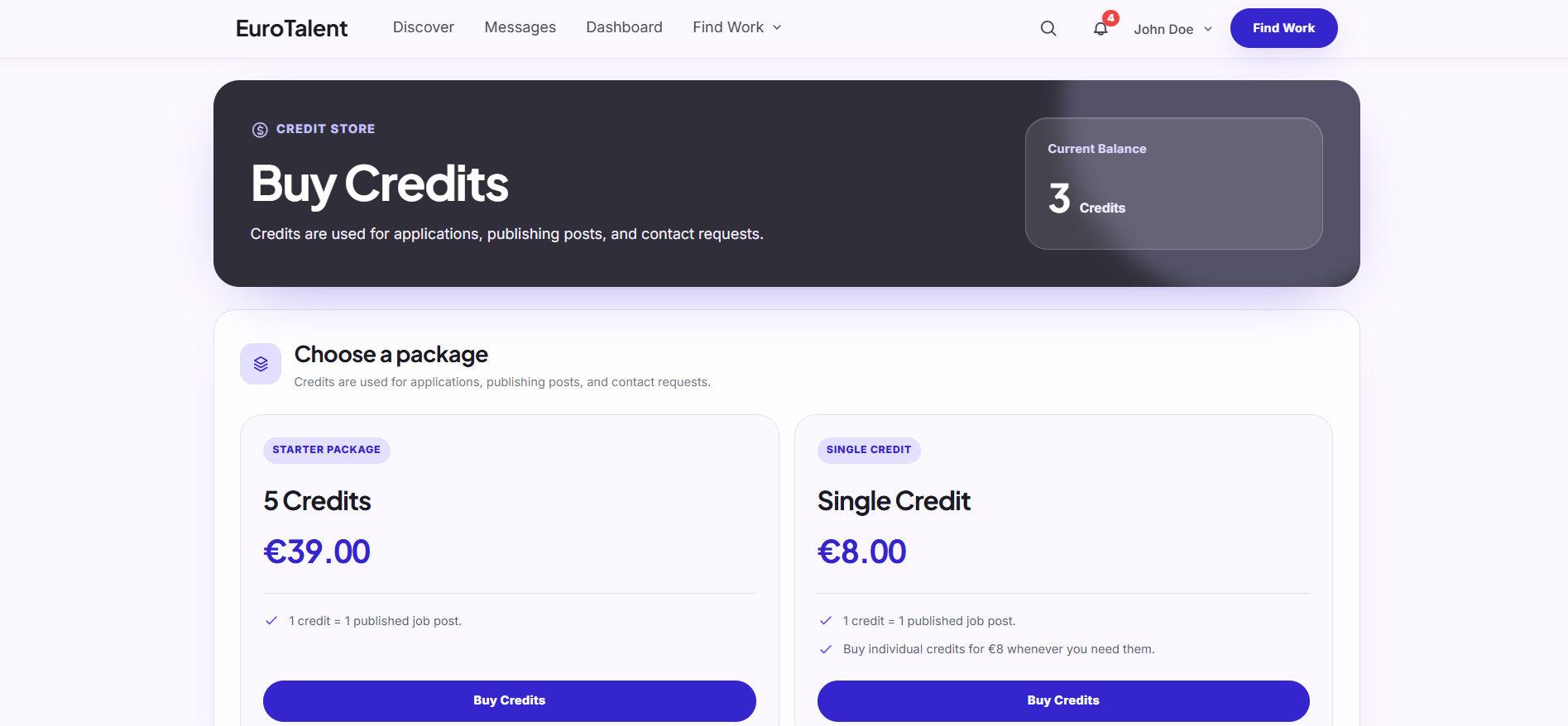 EuroTalent: Credit balance and package selection before continuing to the Stripe payment flow.
