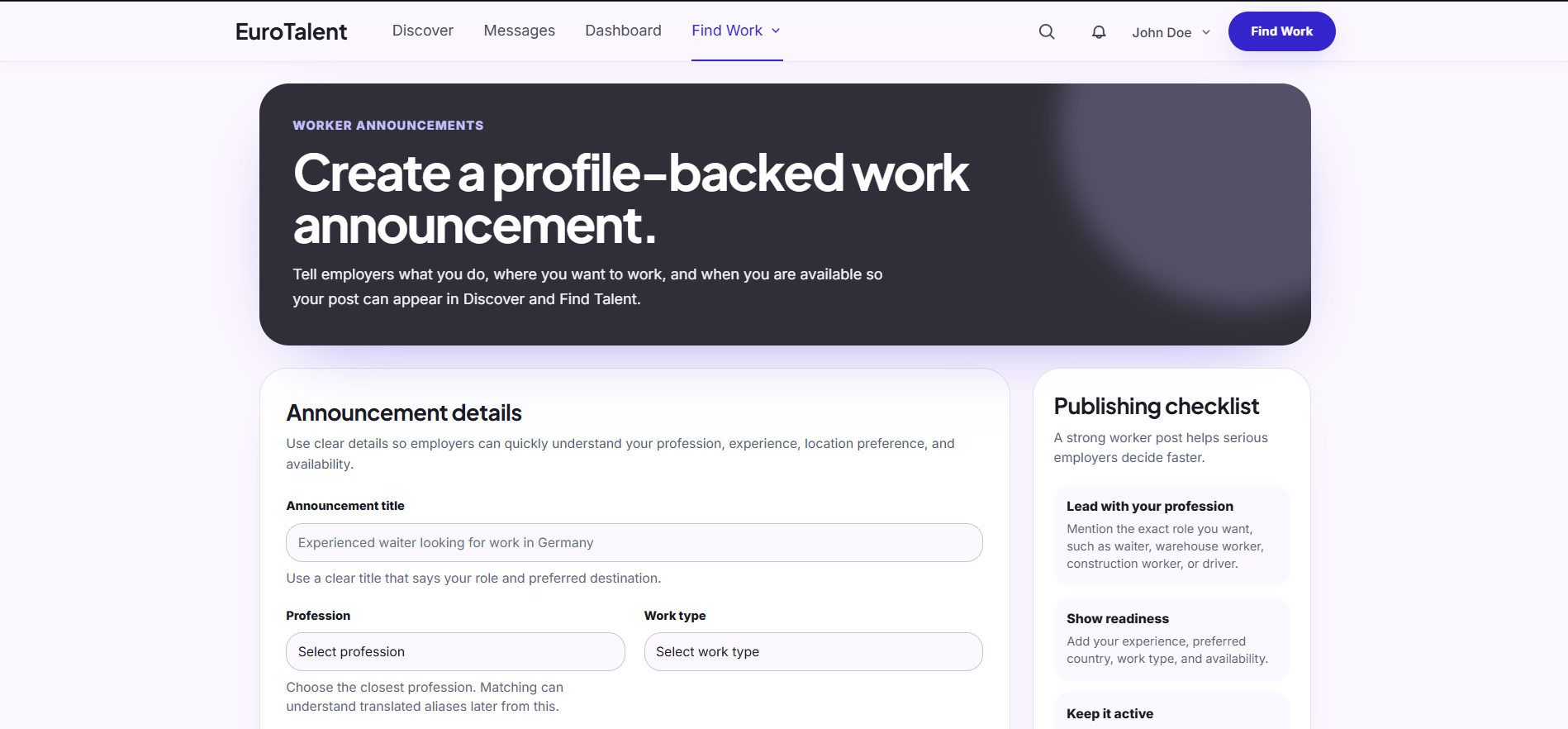 EuroTalent: Creating a profile-backed availability post for employers to discover.