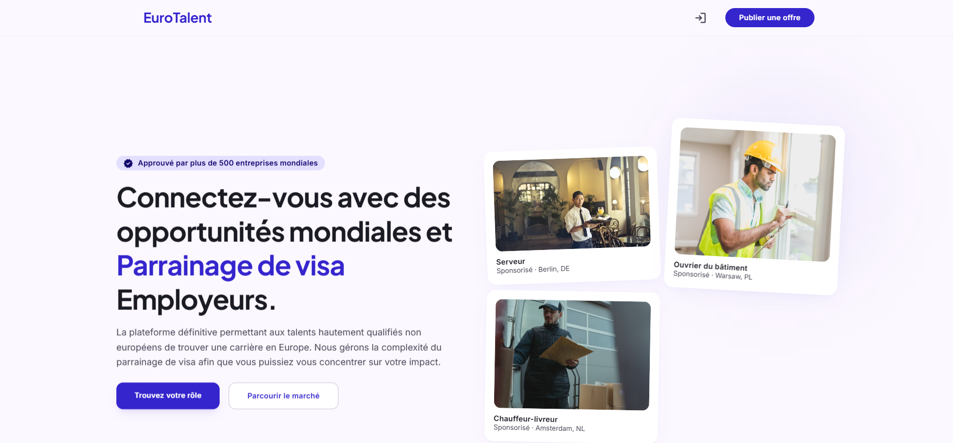 EuroTalent: The landing experience localized in French for a browser with a supported language preference.