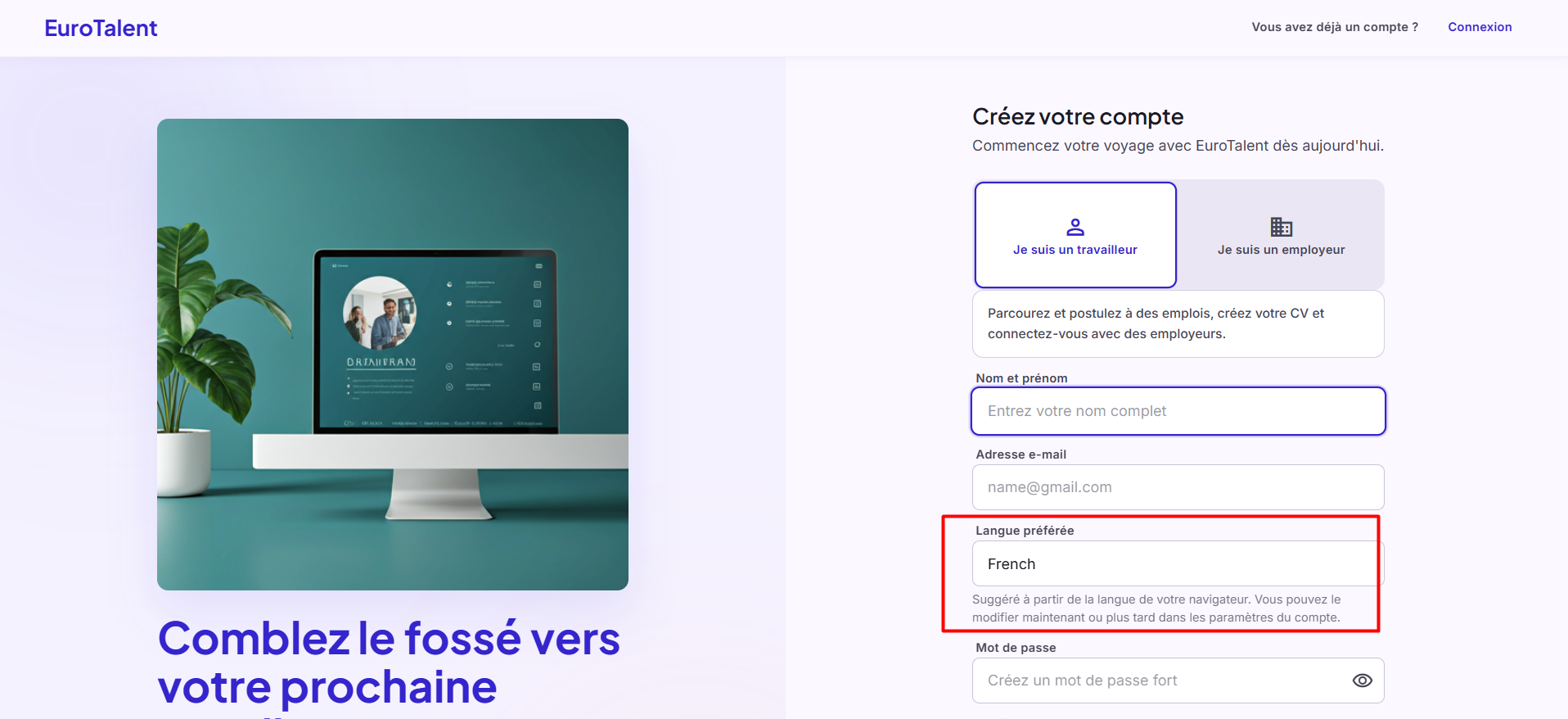 EuroTalent: French registration with French preselected as the preferred account language.
