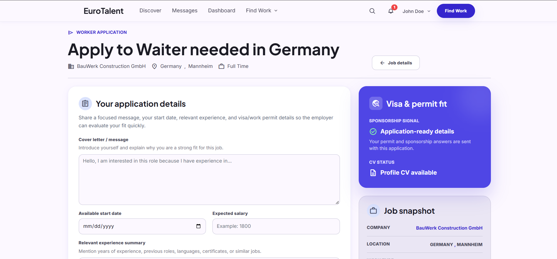 EuroTalent: Worker application form with availability, salary expectations, and a message to the employer.