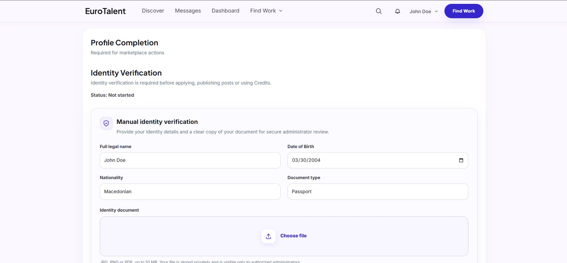 EuroTalent: Manual identity submission provides a verification path when automatic verification is disabled.