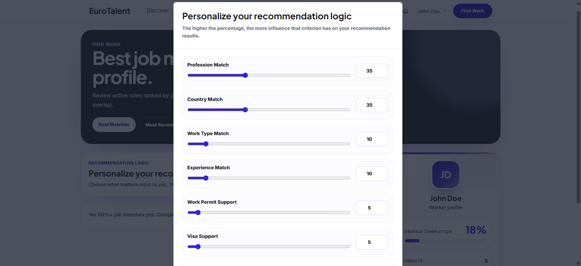 EuroTalent: Adjustable recommendation weights for profession, country, work type, and other criteria.
