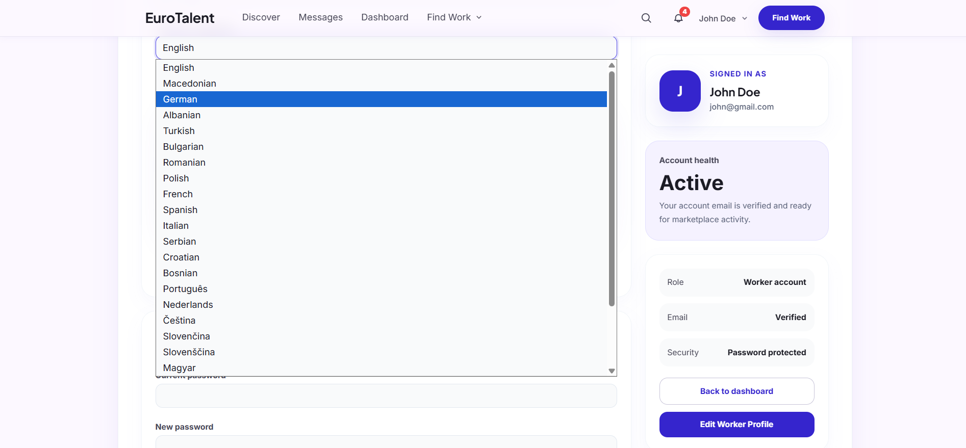 EuroTalent: Account settings let users change their preferred language from the supported locale list.
