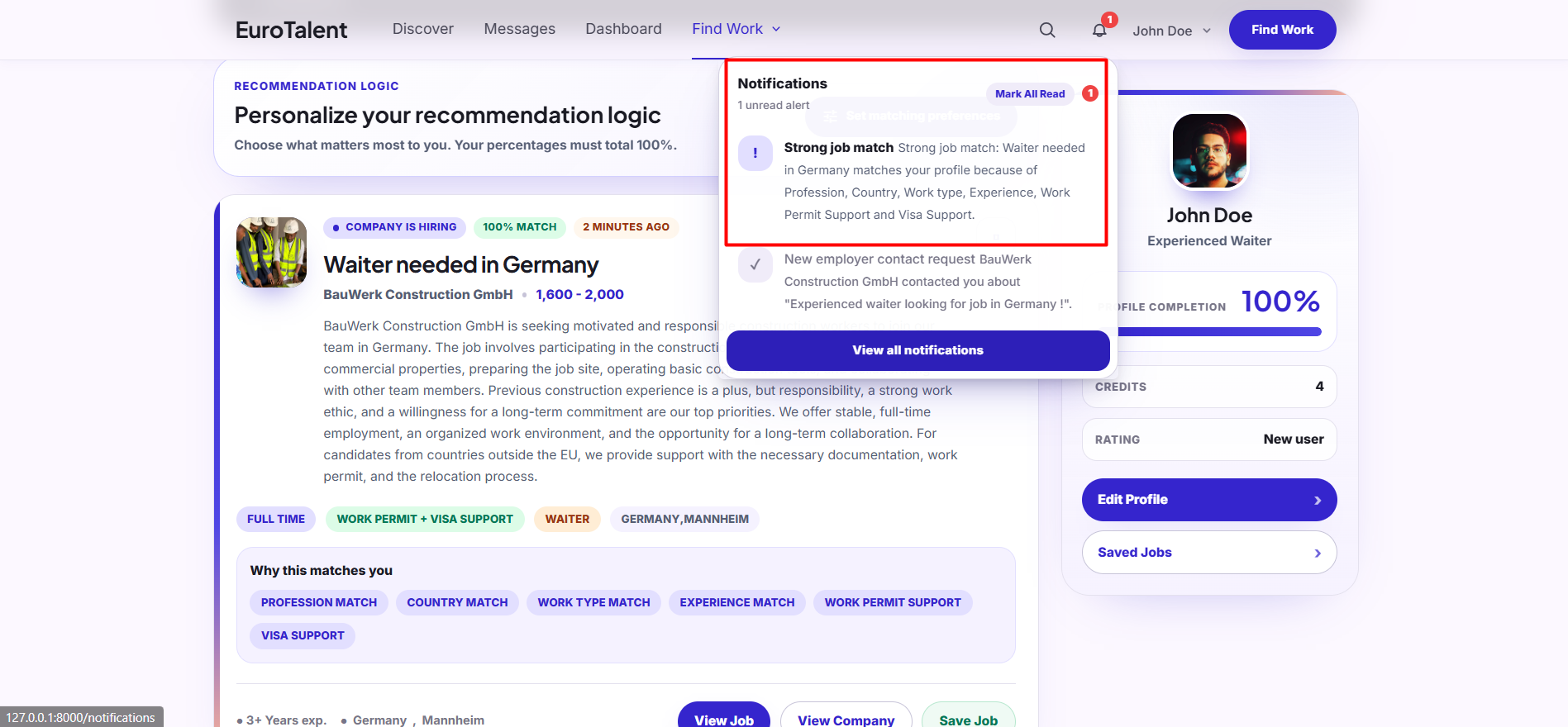 EuroTalent: Strong Match notifications draw attention to especially compatible opportunities.
