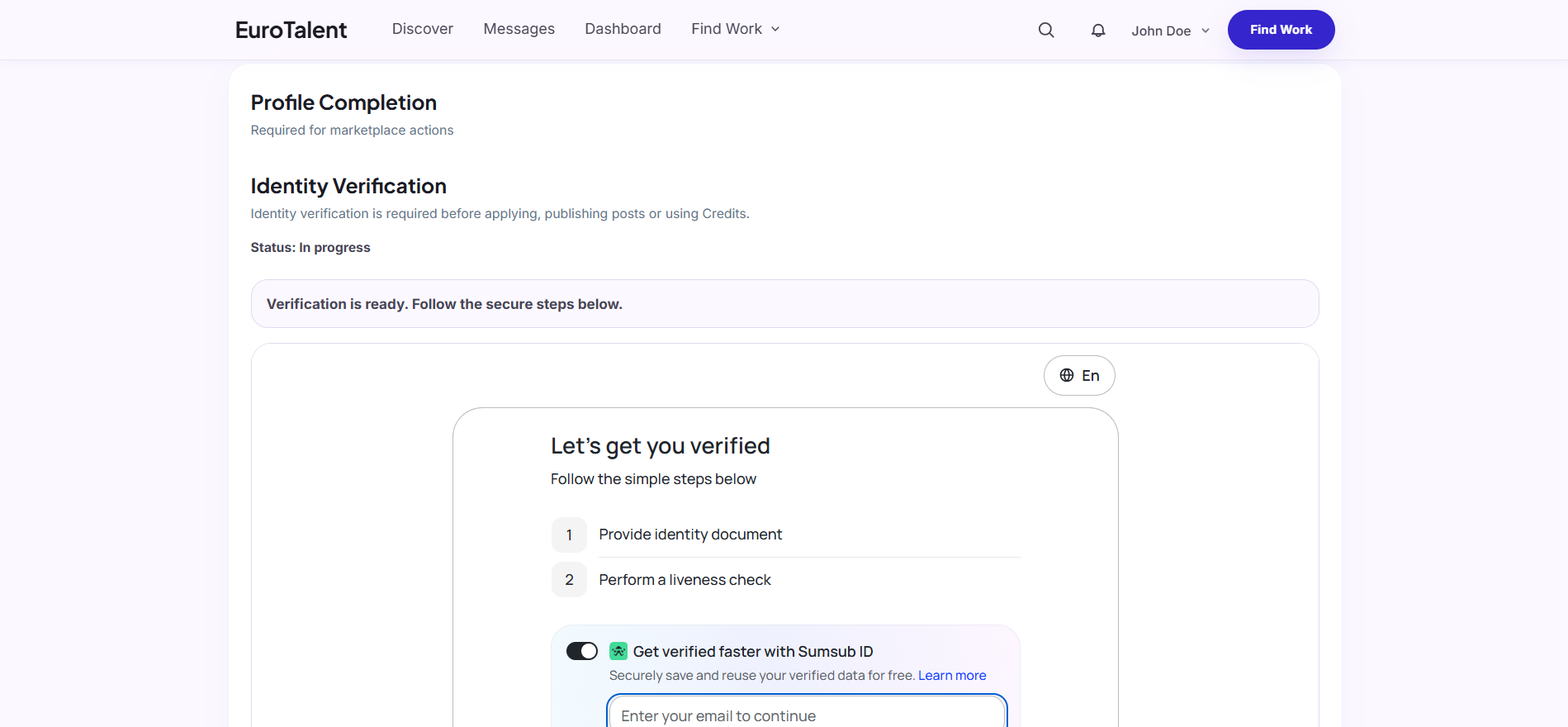 EuroTalent: Embedded Sumsub identity verification guides the worker through document and identity checks.