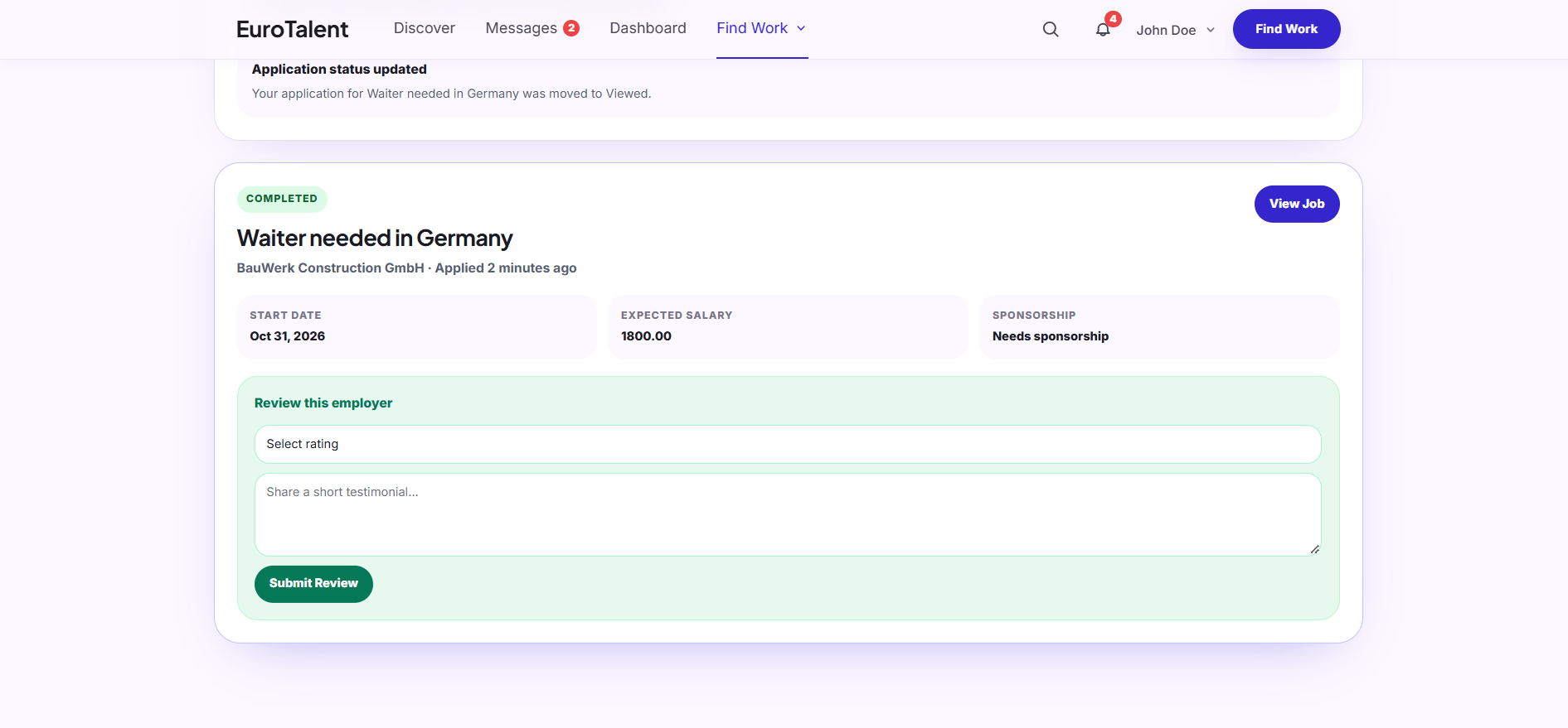 EuroTalent: Workers can review an employer after the recruitment process, completing the feedback loop.