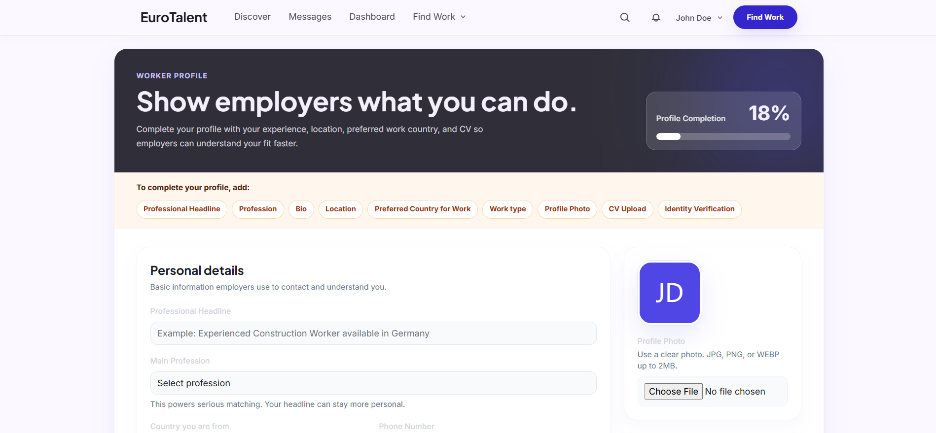 EuroTalent: Worker profile editor for professional details and profile completion.